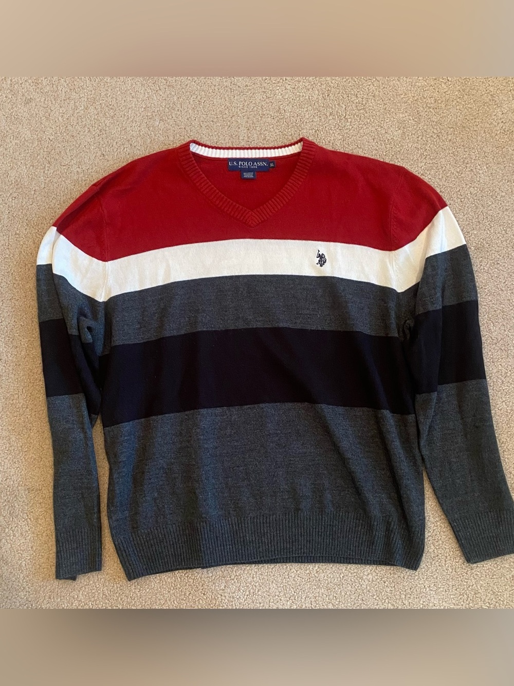 U.S. Polo Assn. Men’s XL Red, White, Navy & Gray Striped V-Neck Sweater